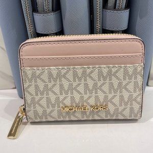 Michael Kors Jet Set Travel Medium Zip Around Card Case Powder Blush Multi